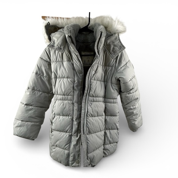 Abercrombie Kids Puffer Coat Gray Sage Green Fur Hood–Size 7/8 – Great Condition - Picture 3 of 16